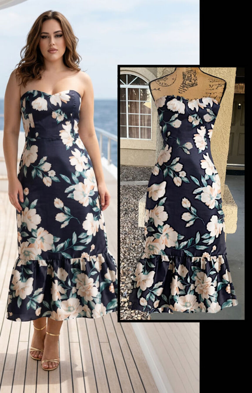 Lulus Yashelle Navy Floral Taffeta Corset Strapless Bustier Ruffle Midi Dress XL